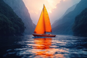 Poster - A sailboat gliding across the surface of the water, with calm seas and a peaceful atmosphere