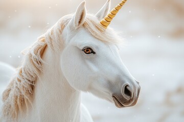 Poster - A close-up view of a beautiful white horse with a shiny golden horn, perfect for a fantasy or medieval-themed image