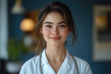 Aufkleber - A woman wearing a white lab coat poses for the camera