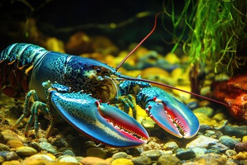 Poster - A blue lobster swimming in an aquarium surrounded by rocks and plants