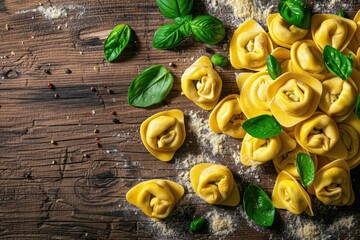 Poster - A wooden table set with pasta and fresh basil leaves, ideal for food styling or cooking scenes