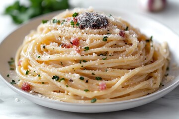 Poster - A delicious-looking pasta dish on a white plate, topped with melted parmesan cheese