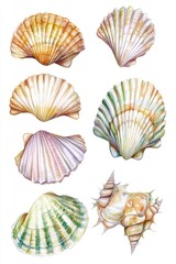 Poster - Collection of seashells on a white background, perfect for interior design or beach-themed projects