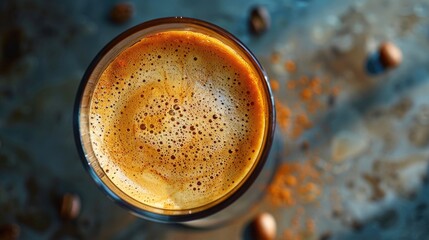 Poster - A shot of a cup of coffee on a wooden table, perfect for daily life or commercial use