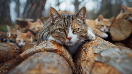 Poster - A domestic cat resting on a pile of logs in a rustic setting