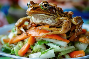 Wall Mural - A small frog perched atop a colorful pile of fresh vegetables, great for food or lifestyle editorial use