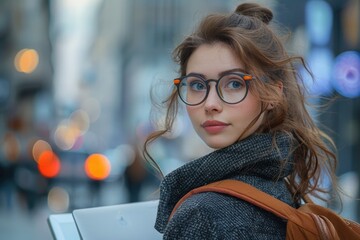 Poster - A woman with glasses and a scarf walking on a city street, great for travel or urban-themed images