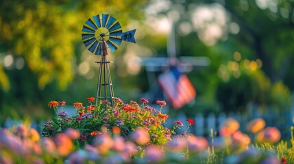 A traditional windmill stands tall in a picturesque field of colorful flowers, offering a serene and peaceful atmosphere