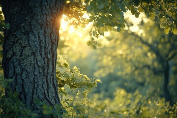 Wall Mural - Sunlight is filtering through the leaves of trees in a forest at sunset