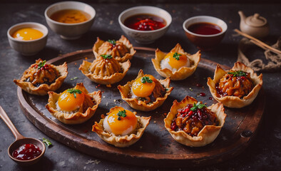 Poster - A tray of appetizers with a variety of fillings, including eggs, sits on a wooden table