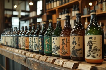 Bottles of japanese sake resting on wooden shelf in traditional liquor store