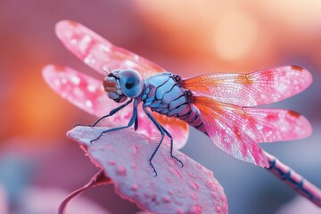 Sticker - A detailed shot of a dragonfly perched on a leaf, its body and wings visible