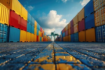 Aufkleber - A row of shipping containers sitting on the side of a road, potential for use in commercial or industrial settings
