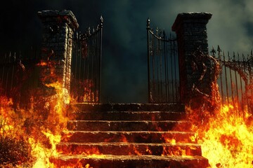 Aufkleber - A set of stairs with flames licking at the edges, suggesting chaos and emergency