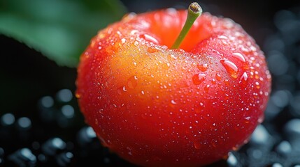 Poster - A juicy red apple with water droplets glistening on its surface