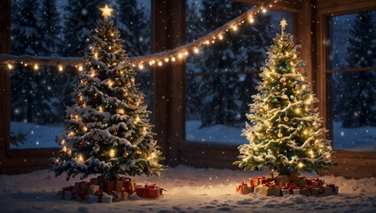 Wall Mural - Two decorated Christmas trees, covered in snow, with lights and presents, in a snowy indoor setting.

