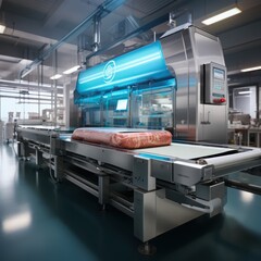 Poster - Modern meat packaging station scientific precision in food technology clean environment industrial setting