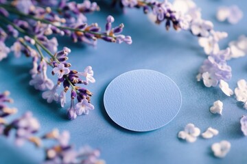 Aufkleber - A blue circle surrounded by purple flowers on a blue surface, great for branding and design projects