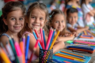 Poster - Young kids engaged in creative activity, using pencils and paper