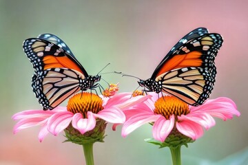 Poster - Two butterflies perch on a bright pink flower, surrounded by greenery
