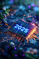 Poster - Futuristic Circuit Board with Year 2025 Displayed