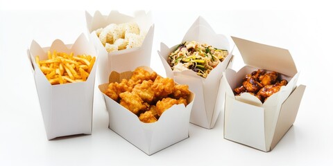 Poster - Assorted food products packaged in containers on a clean white surface
