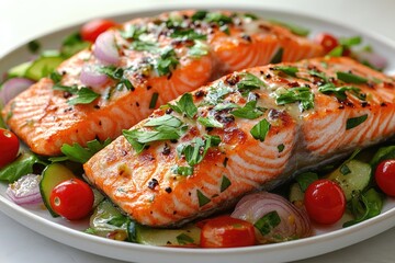 Poster - A healthy meal option featuring grilled salmon on top of mixed vegetables, served on a white plate