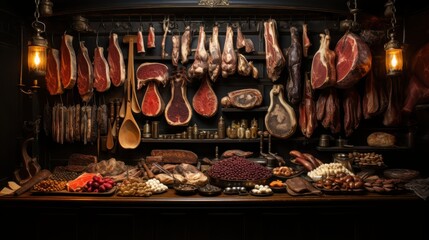 Artisan dry-aged beef charcuterie display in vintage butcher shop atmospheric setting with copper tools and hanging meats