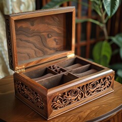 Wall Mural - Intricate carved wooden jewelry box with velvet lining and dividers.