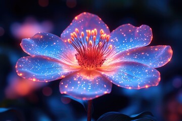 Poster - A beautiful blue flower illuminated by pink and yellow lights