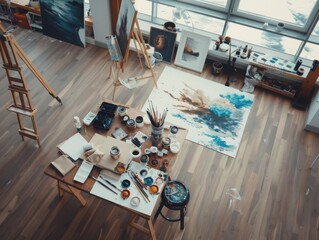 Poster - Creating art in an inspiring workspace an artist's canvas surrounded by creative tools and paints a vibrant studio environment for artistic expression