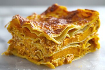 Poster - A stack of lasagna sitting on a table, ready to be served