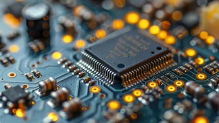 Poster - Close-up of a microchip on a circuit board with glowing components.