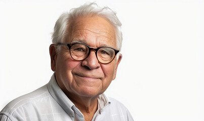 Poster - A man with glasses is smiling and looking at the camera. He is wearing a white shirt and a gray shirt underneath