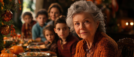 Family gathering with senior woman at festive dinner table, surrounded by children and adults, celebrating togetherness and joy