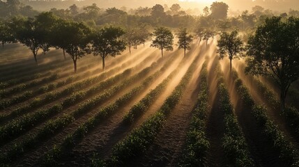 Poster - A warm sunbeam illuminates a field with tall grass and scattered trees, perfect for capturing scenic views or adding atmosphere to outdoor scenes