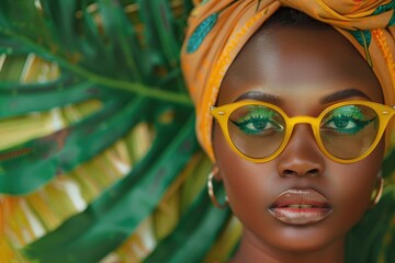 Aufkleber - A woman wearing yellow glasses and a head scarf, looking stylish and modern