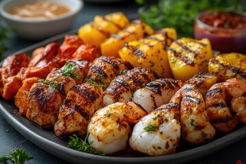 Poster - A plate of juicy grilled chicken served with colorful vegetables and a side of tangy dipping sauce