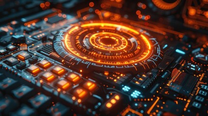Poster - Close-up of futuristic circuit board with glowing orange central component.
