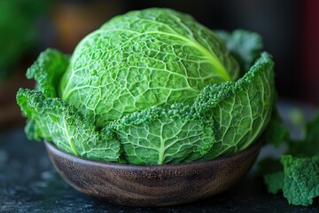 Poster - A wooden bowl filled with fresh green vegetables on a table