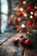 Poster - Wooden table decorated with Christmas ornaments and lights