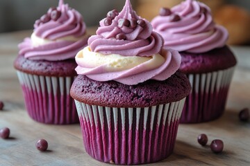 Poster - Three decorative cupcakes with pink frosting on a wooden table, perfect for bakery or cafe scenes