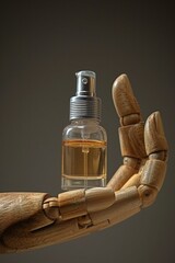 Poster - A wooden hand holds a bottle of perfume, great for decorative purposes or as a prop in a scene