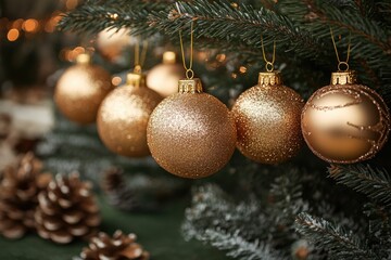 Poster - A collection of golden decorations hangs from a festive Christmas tree, ideal for holiday celebrations and winter themes