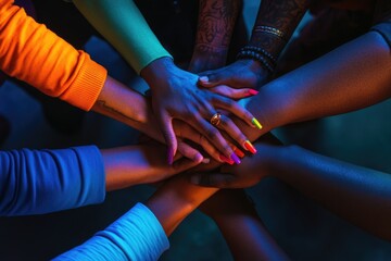Poster - Group of people showing unity and solidarity by placing their hands together