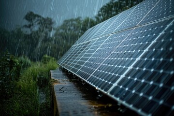 Poster - A solar panel in the rain, an image that represents sustainability and environmental responsibility