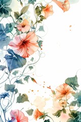 Poster - Beautiful watercolor illustration of a delicate floral background, featuring hibiscus flowers and ivy leaves in pastel colors