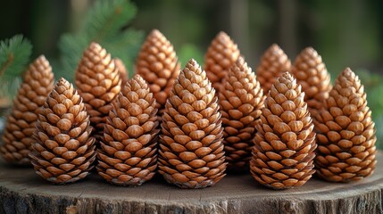 Poster - A group of pine cones sit atop a tree stump in a natural setting