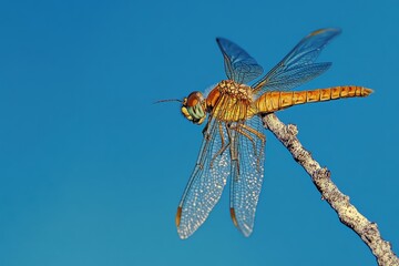 Sticker - A dragonfly perched on a tree branch, its iridescent wings glistening in the sunlight