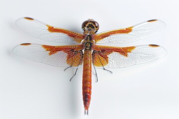 Poster - A detailed shot of a dragonfly perched on a white surface, ideal for use in nature-themed designs or illustrations